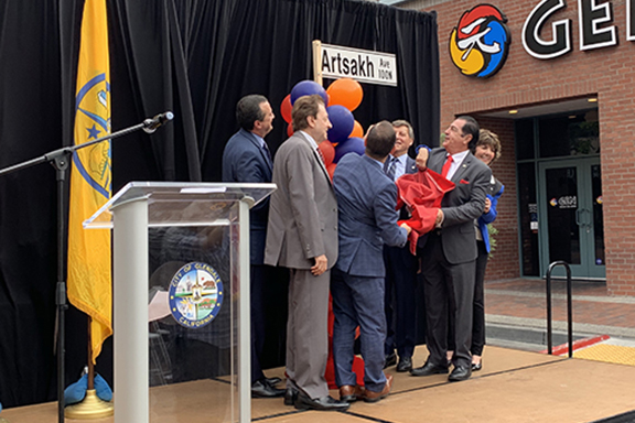 Glendale City Council members unveil the Artsakh Avenue sign on October 2