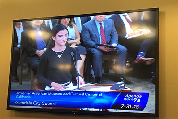 Alique Boyajian speaking on behalf of Senator Portantino in support of the Armenian American Museum and Cultural Foundation