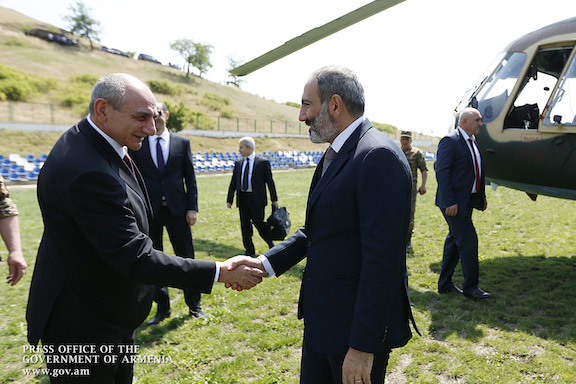 Artsakh President Bako Sahakian greets Prime Minister Nikol Pashinyan when he arrived in Artsakh in June