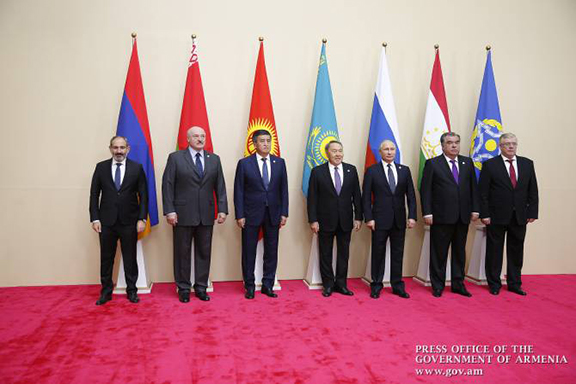 Leaders of the CSTO nations in Astana, Kazakhstan on Nov. 8, 2018. Armenia's Acting Prime Minister Nikol Pashinyan is at the far left