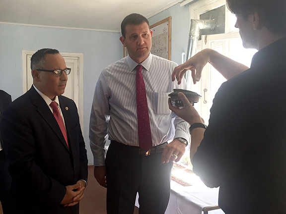 ANCA Chairman Raffi Hamparian and Congressman David Valadao in Stepanakert in 2017 discussed de-mining efforts with Ash Boddy of the HALO Trust.