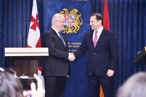 Armenia's Defense Minister Davit Tonoyan (right) with his Georgian counterpart Levan Izoria