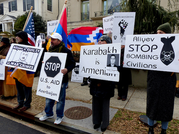 Greater Washington DC community members demand justice for the anti-Armenian pogroms in Sumgait, Kirovabad, Baku and Maragha at the February 17th protest organized by the Washington, DC AYF Ani Chapter