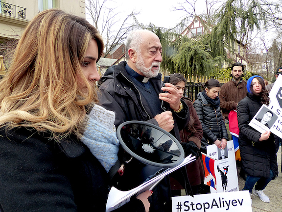 Holy Cross Armenian Church pastor Fr. Sarkis Aktavoukian leads a prayer in memory of the victims of the anti-Armenian pogroms in Sumgait, Kirovabad, Baku, and Maragha and all those who lost their lives in defense of Artsakh freedom.