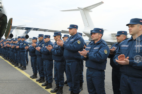 A farewell ceremony at the Yerevan airport before the deployment of a military humanitarian mission to Syria on Feb. 8, 2019