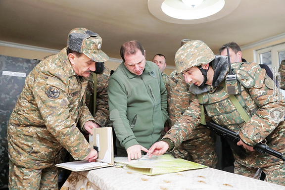 Defense Minster Davit Tonoyan (center) confers with military personnel during his visit to Tavush on Feb. 26, 2019