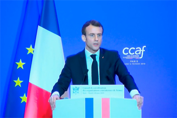 French President Emmanuel Macron speaks at the CCAF annual gala on Feb, 5 in Paris