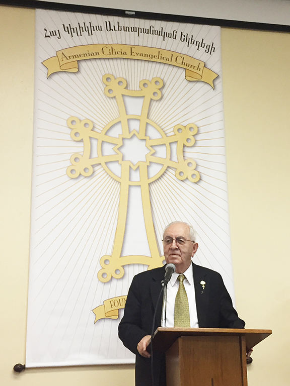 Rev. Dr. Vahan Tootikian addressing guests at Derian Hall, Armenian Cilicia Evangelical Church