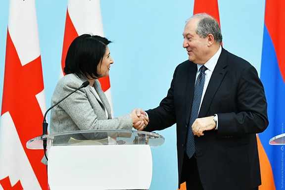 President Salome Zourabichvili of Georgia meets with his Armenian counterpart Armen Sarkissian in Yerevan on March 13, 2019