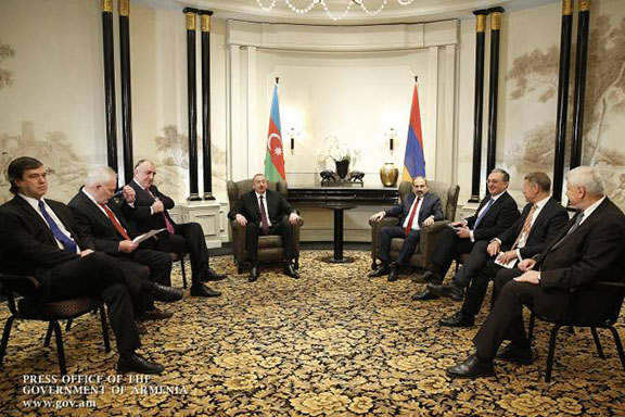 Pashimyan and Aliyev met in an expanded format that, in addition to the OSCE Minsk Group co-chairs included the participation of the Armenian and Azerbaijani foreign ministers Zohrab Mnatsakanyan and Elmar Mammadyarov, as well as Andrzej Kasprzyk, the Personal Representative of the OSCE Chairperson-in-Office
