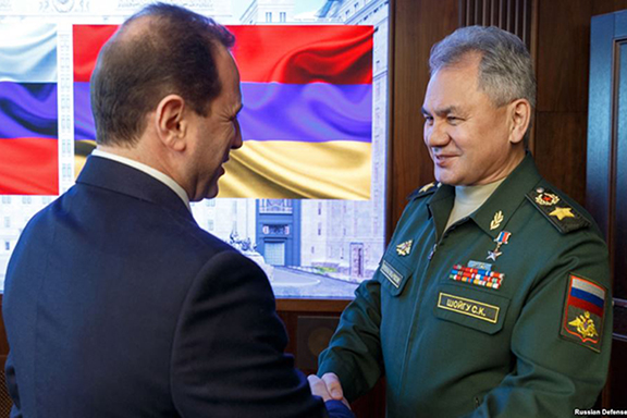 Armenia's Defense Minister Davit Tonoyan with his Russian counterpart Sergey Shoygu on Feb. 8 in Moscow