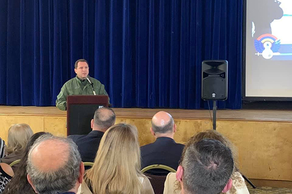 Armenia's Defense Minister Davit Tonoyan speaks to Armenian community representatives in New York on March 29