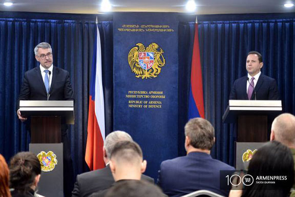 Lubomir Metnar, the Czech Republic Defense Minister (left) at a press briefing with his Armenian counterpart Davit Tonoyan on April 9