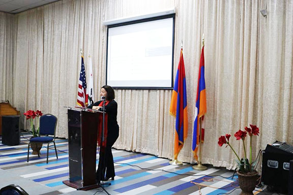 Houri Berberian, the Meghrouni Family Presidential Chair in Armenian Studies at UCI, presenting the lives of Armenian Women in the Iranian and Ottomnan Empires
