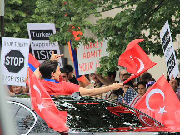 Turkish American Steering Committee supporters taunting peaceful Armenian protesters at the annual April 24th rally for justice in 2016. This year, they have been permitted to occupy a portion of Sheridan Circle, site of the May, 2017, Erdogan-ordered attack on peaceful protesters.