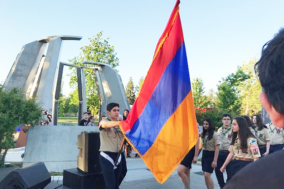 Presentation of colors at Fresno State University in front of the Genocide Monument