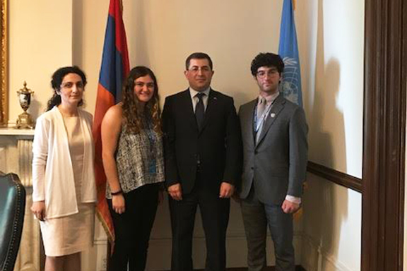ARS UN Interns Anoosh Kouyoumdjian and Alec Mesropian at the Mission of Armenia with Permanent Representative of Armenia to the UN Mher Margaryan (far right)