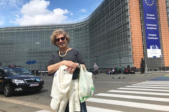 Catherine Yesayan in front of the building of European Commission, which is near the Hay Taad office