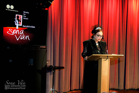 Sona Van addressing attendees at her audiobook presentation