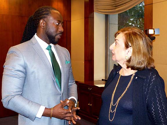 Genocide and reparations expert Dr. Jermaine McCalpin speaking with Ms. Sue Aramian, who inspired the ANCA’s Lemkin Policy Series