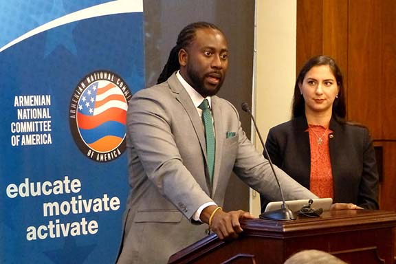 Dr. Jermaine McCalpin, seen here with ANCA Government Affairs Director Tereza Yerimyan. During his Lemkin Policy Series remarks, Dr. McCalpin stated, “Reparations provide the opportunity to honestly engage the past, making peace with the past, because it serves as a mechanism of atonement for the ‘sin of genocide."