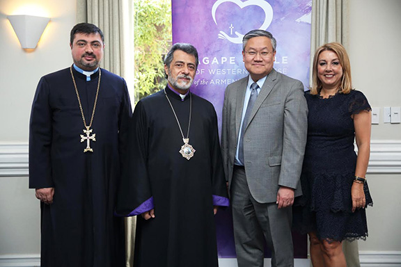 Rev. Khajag Shahbazyan, Archbishop Hovnan Derderian, Dr. Thomas Lee and Alice Chakrian