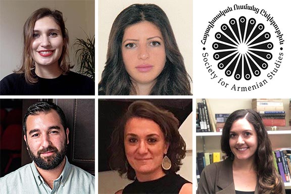Five of the six grant recipients. Top row l to r: Irem Gülersönmez, Sose Grigoryan, SAS Logo. Above l to r: Varak Ketsemanian, Garine Palandjian, and Megan Dixo