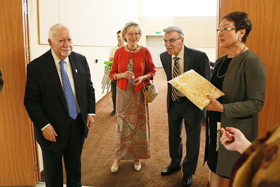 From left to right: President of Carnegie Corporation Vartan Gregorian, Avedisian School Benefactors Edward and Pamela Avedisian, and Avedisian School Principal Melanya Geghamyan