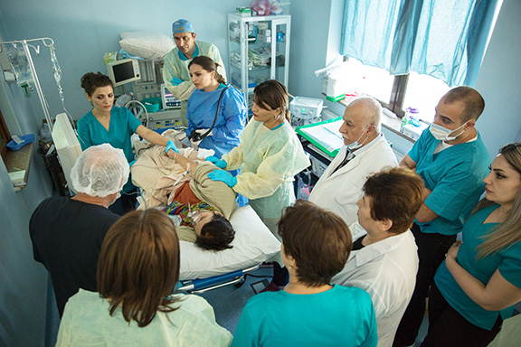 The Chevy Chase Surgery Center team and the local Stepanakert GI team working together on a colonoscopy case. The Stepanakert team closely worked with their American counterparts