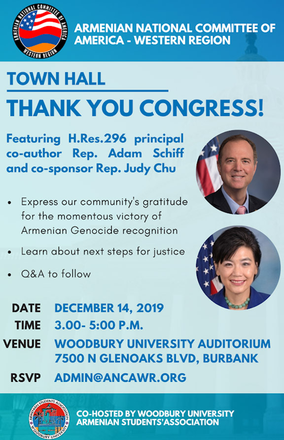 The ANCA-WR will hold a community town hall with Reps. Adam Schiff and Judy Chu on Dec.14