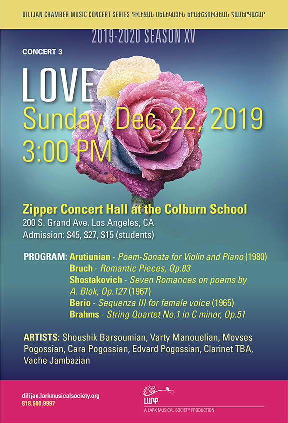"Love," Dilijan Chamber Music Series' 3rd concert of the 15th season will be held on Dec. 22