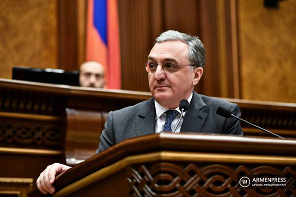 Armenia's Foreign Minister Zohrab Mnatsakanyan speaks at parliament on April 15