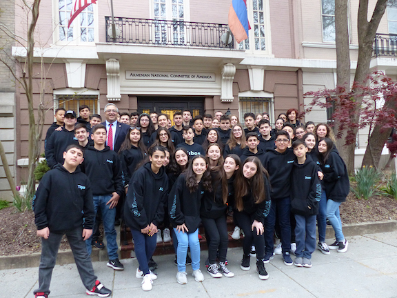 The Alex Pilibos Armenian School 8th graders visiting the ANCA Washington DC headquarters for a chat about Armenian American grassroots advocacy with ANCA Executive Director Aram Hamparian. Armenian school students from across the U.S. visit the ANCA annually for a fun session of pizza and politics.