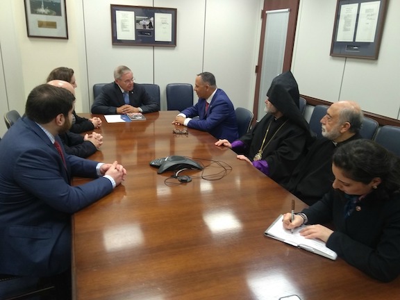ANCA Chairman Raffi Hamparian leads an ANCA delegation meeting with Senate Foreign Relations Committee Ranking Democrat Robert Menendez (D-NJ), joined by Archbishop Anoushavan Tanielian and Fr. Sarkis Aktavoukian.