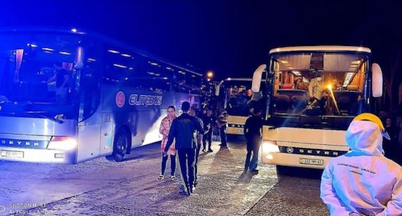Buses carrying Armenian passengers from Turkey en route to Armenia stop in Georgia on May 22