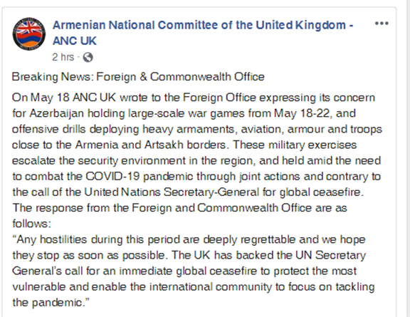 ANC UK post on Foreign Office response to Azerbaijani war games