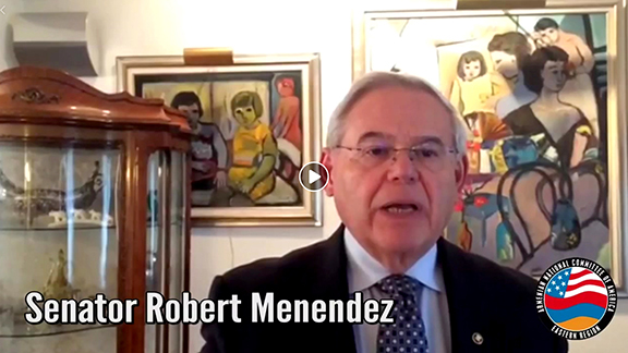 Sen. Robert Menendez (D-NJ), who along with Sen. Ted Cruz (R-TX) secured unanimous Senate confirmation of the Armenian Genocide (S.Res.150) participated in coast-to-coast virtual commemorations marking the 105th anniversary of that crime.