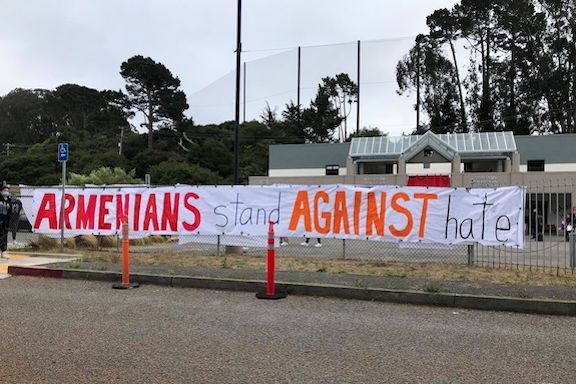 Armenian community hung this banner on the school property