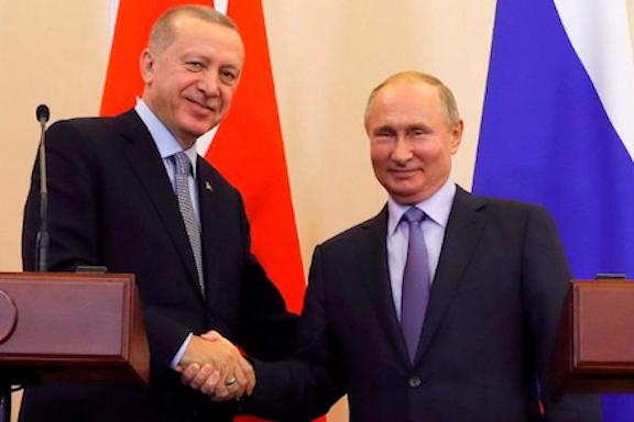Russian President Vladimir Putin, right, and Turkish President Recep Tayyip Erdogan met in October, 2019