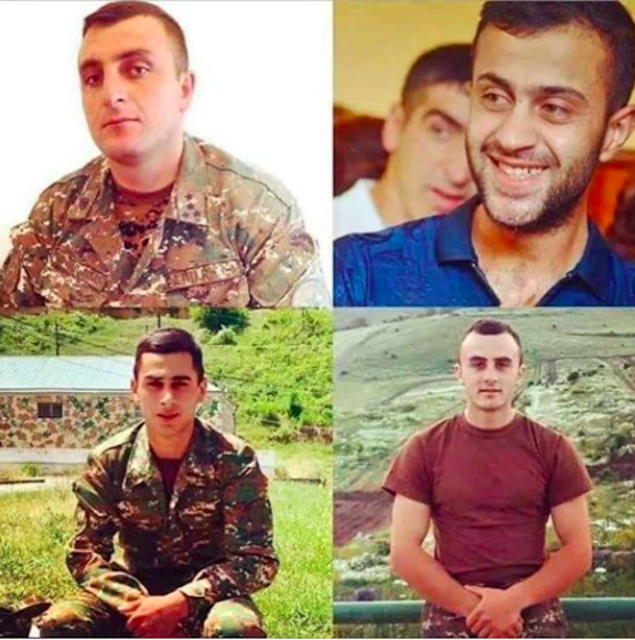 Clockwise from top left: Our fallen heroes, Major Garush Hambardzumyan and Captain Sos Elbakyan, Grisha Matevosyan and Smbat Gabrielyan