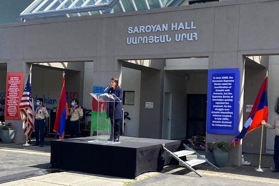 California Lieutenant Governor Eleni Kounalakis at the "Armenians United Against Hate" Rally on Aug. 2