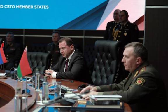 Armenia's Defense Minister David Tonoyan addresses a joint session of defense ministers of CIS, the Shanghai Cooperation Organization and the Collective Security Treaty Organization (CSTO) countries.