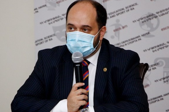 Armenia's Education Minister Arayik Harutyunyan during a press conference on Sept. 16