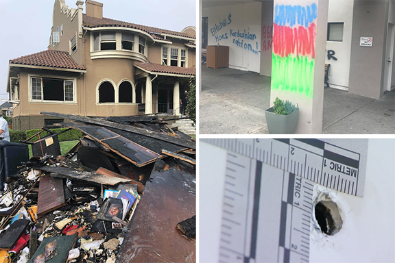 Clockwise from left: Arson at the community center, graffiti at KZV school and shots fired at the school building