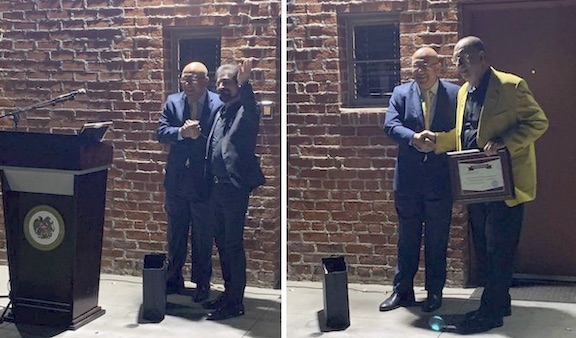 Ambassador Armen Baibourtian presents awards to Harut Pamboukian (left) and Razmik Manuryan