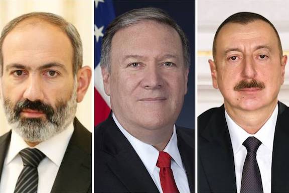 From left: Prime Minister Nikol Pashinyan, Secretary of State Mike Pompeo and Azerbaijani President Ilham Aliyev
