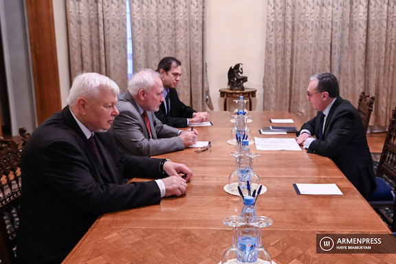 OSCE Minks Group mediators meet with Armenia's Foreign Minister Zohrab Mnatsakanyan in Moscow on Oct. 13