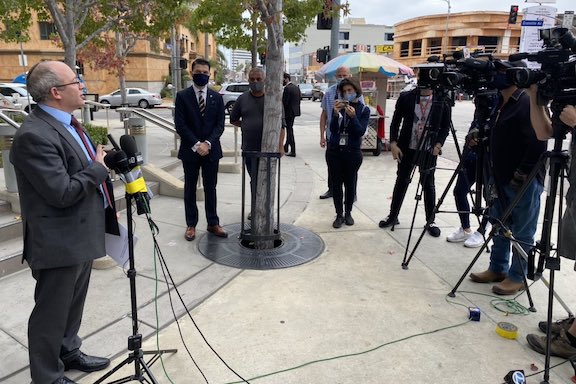 Israel's Consul General to L.A. Dr. Hillel Newman addresses a press conference