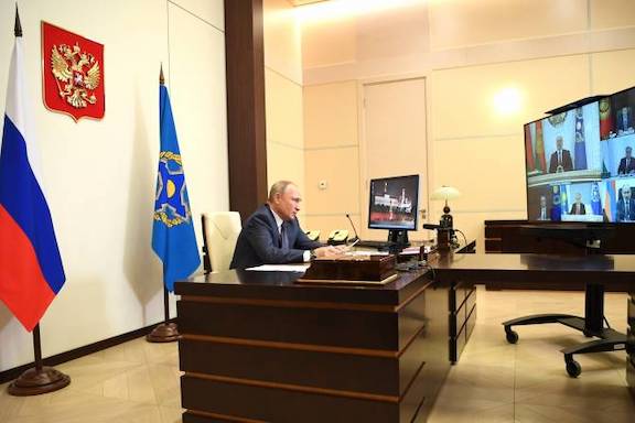 Russian President Vladimir Putin participates in a virtual CSTO Council meeting on Dec. 2
