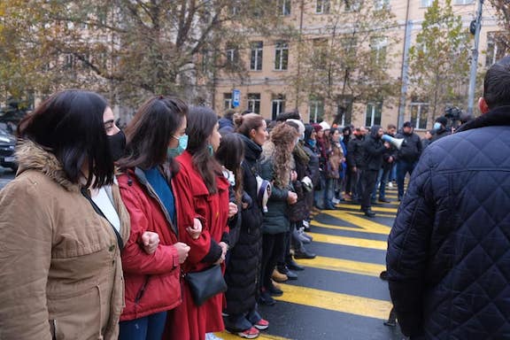 Opposition protesters block streets in Yerevan on Nov. 8